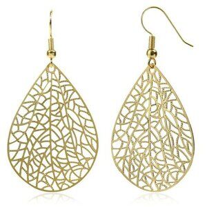 Gold teardrop dangle earrings 14K plated filigree lightweight hypoallergenic